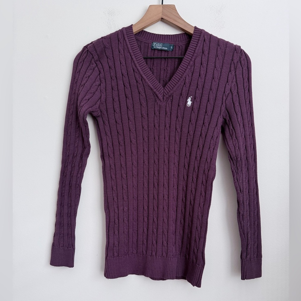 Polo Ralph Lauren purple cable knit sweater long sleeve Soft V neck vintage L